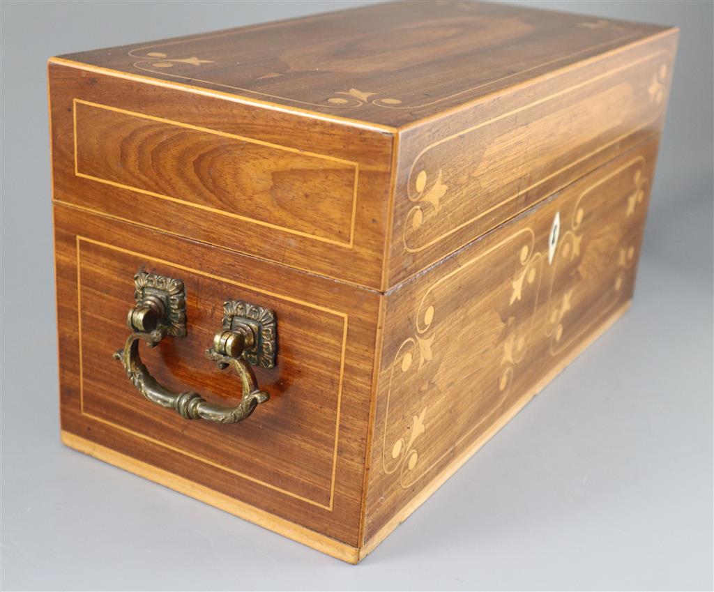A Regency inlaid mahogany tea caddy, width 14.5in. height 7in.